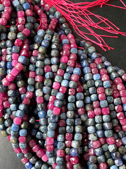 AAA Natural Ruby Sapphire Stone Bead. Faceted 4mm Cube Shape Bead. Beautiful Natural Red Ruby with Blue Sapphire Stone Bead. Full strand 15.