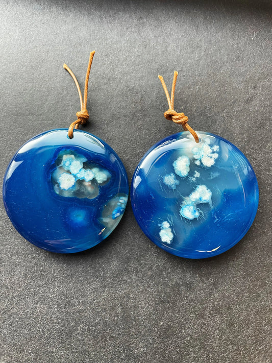 AAA Natural Cherry Blossom Flower Stone Pendant. 50mm Coin Shape Pendant. Gorgeous Blue White Blossom Flower Agate Pendant.