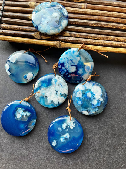 AAA Natural Cherry Blossom Flower Stone Pendant. 50mm Coin Shape Pendant. Gorgeous Blue White Blossom Flower Agate Pendant.