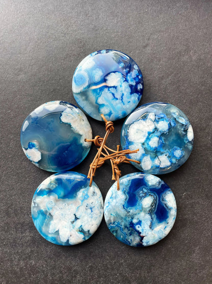 AAA Natural Cherry Blossom Flower Stone Pendant. 50mm Coin Shape Pendant. Gorgeous Blue White Blossom Flower Agate Pendant.