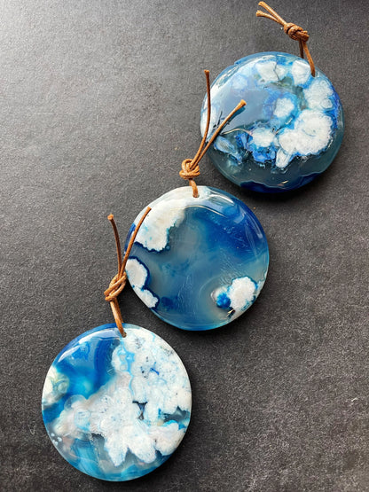 AAA Natural Cherry Blossom Flower Stone Pendant. 50mm Coin Shape Pendant. Gorgeous Blue White Blossom Flower Agate Pendant.