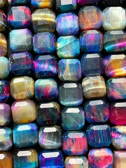 AAA Natural galaxy tiger eye stone bead. Faceted 9mm cube shape bead. Beautiful multi rainbow color tiger eye bead. , real nice quality bead