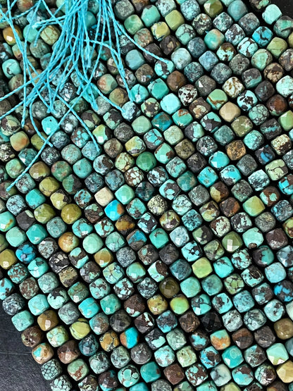 Natural turquoise stone bead. Faceted 4mm cube shape bead. Beautiful natural blue turquoise stone bead. Nice quality turquoise bead.15.5”