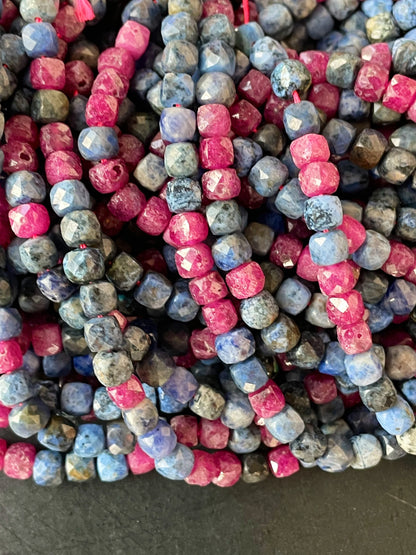 AAA Natural Ruby Sapphire Stone Bead. Faceted 4mm Cube Shape Bead. Beautiful Natural Red Ruby with Blue Sapphire Stone Bead. Full strand 15.