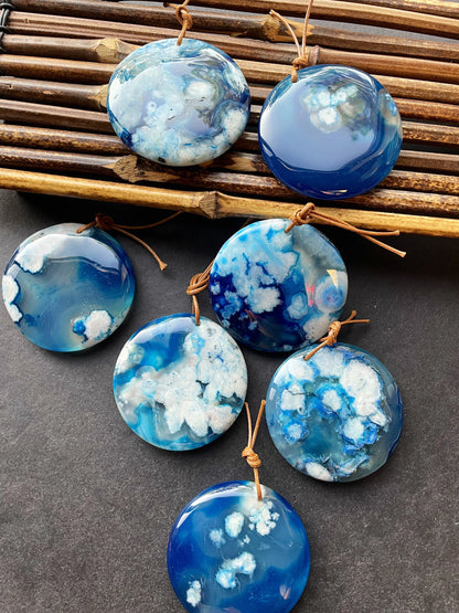 AAA Natural Cherry Blossom Flower Stone Pendant. 50mm Coin Shape Pendant. Gorgeous Blue White Blossom Flower Agate Pendant.