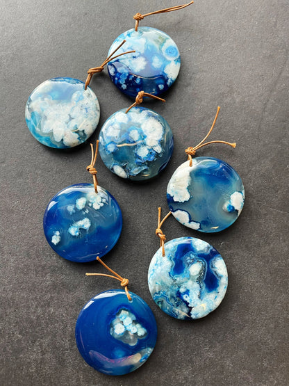 AAA Natural Cherry Blossom Flower Stone Pendant. 50mm Coin Shape Pendant. Gorgeous Blue White Blossom Flower Agate Pendant.