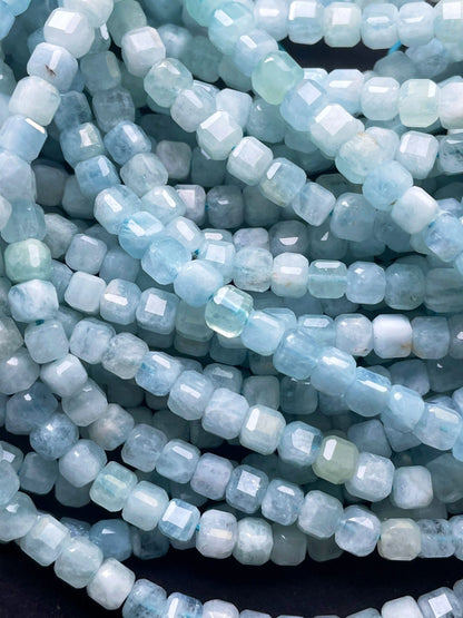 AAA Natural aquamarine stone bead. 4mm 8mmfaceted square shape. Beautiful natural sea blue color aquamarine gemstone bead. full strand 15.5”