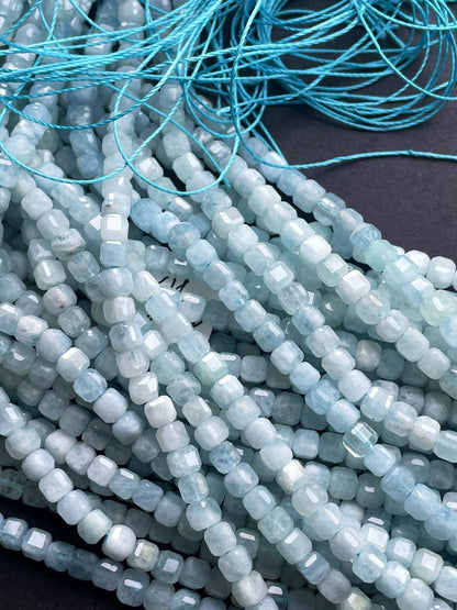 AAA Natural aquamarine stone bead. 4mm 8mmfaceted square shape. Beautiful natural sea blue color aquamarine gemstone bead. full strand 15.5”