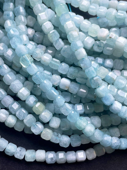 AAA Natural aquamarine stone bead. 4mm 8mmfaceted square shape. Beautiful natural sea blue color aquamarine gemstone bead. full strand 15.5”