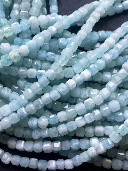 AAA Natural aquamarine stone bead. 4mm 8mmfaceted square shape. Beautiful natural sea blue color aquamarine gemstone bead. full strand 15.5”