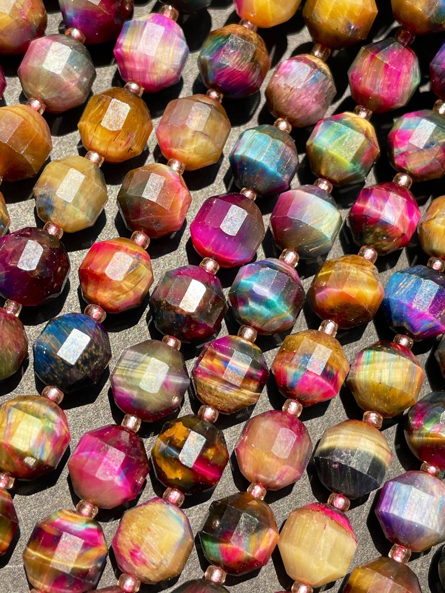 Beautiful Galaxy natural tiger eye stone bead. Faceted diamond cut 6mm8mm bead. Gorgeous unique multi color gemstone bead. Full strand 15.5”