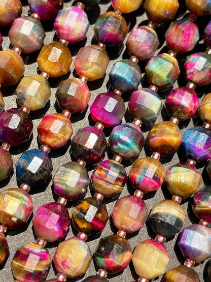 Beautiful Galaxy natural tiger eye stone bead. Faceted diamond cut 6mm8mm bead. Gorgeous unique multi color gemstone bead. Full strand 15.5”