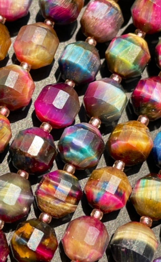 Beautiful Galaxy natural tiger eye stone bead. Faceted diamond cut 6mm8mm bead. Gorgeous unique multi color gemstone bead. Full strand 15.5”