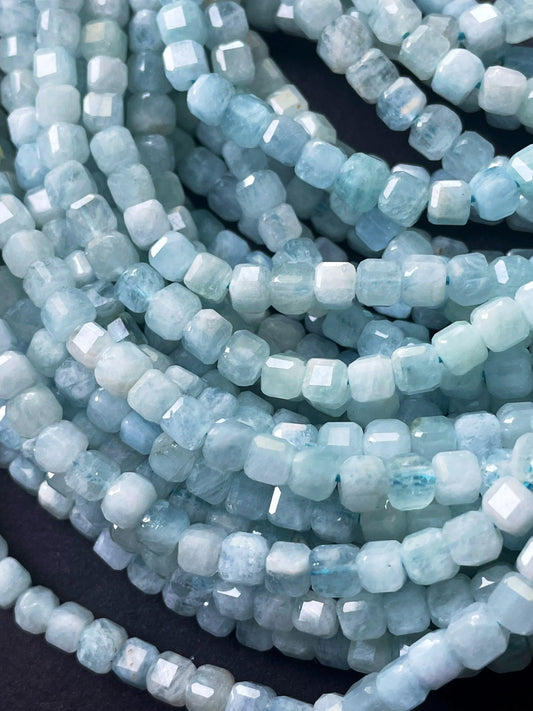 AAA Natural aquamarine stone bead. 4mm 8mmfaceted square shape. Beautiful natural sea blue color aquamarine gemstone bead. full strand 15.5”