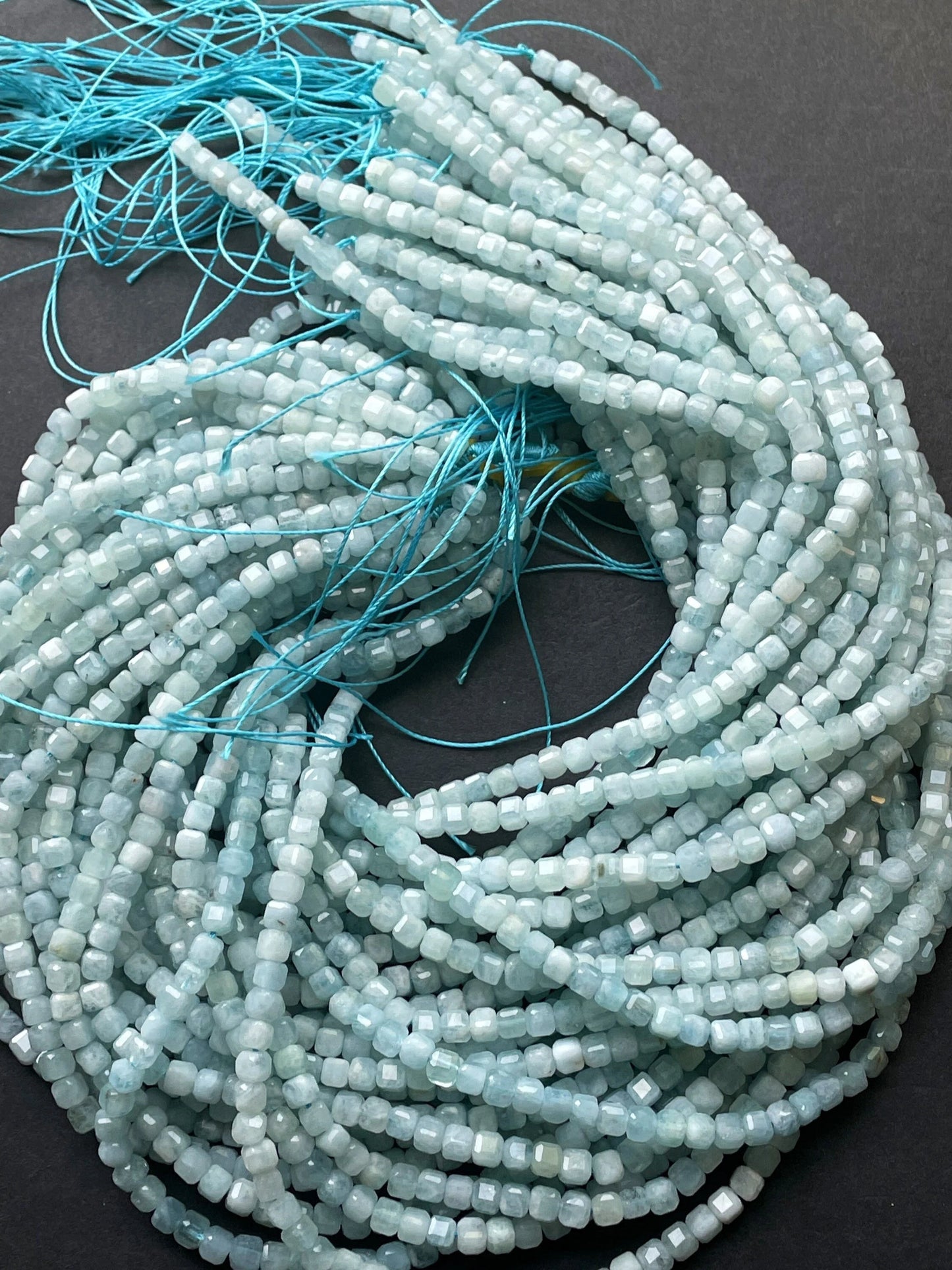 AAA Natural aquamarine stone bead. 4mm 8mmfaceted square shape. Beautiful natural sea blue color aquamarine gemstone bead. full strand 15.5”
