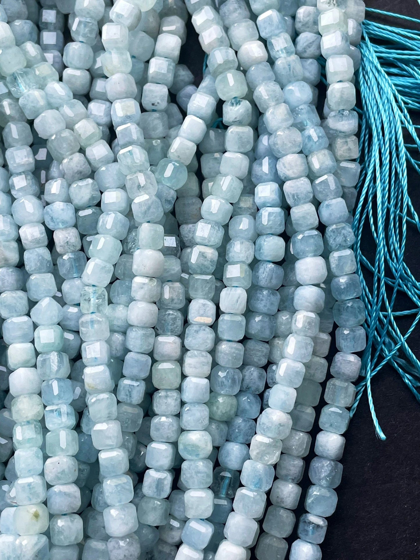 AAA Natural aquamarine stone bead. 4mm 8mmfaceted square shape. Beautiful natural sea blue color aquamarine gemstone bead. full strand 15.5”