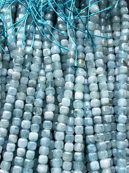 AAA Natural aquamarine stone bead. 4mm 8mmfaceted square shape. Beautiful natural sea blue color aquamarine gemstone bead. full strand 15.5”