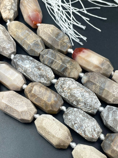 AAA Natural fossil coral stone bead. Faceted 14x40mm barrel shape. Gorgeous natural color fossil coral gemstone. High quality beads !