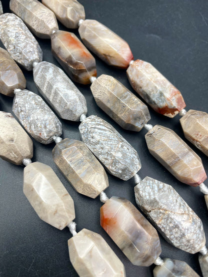 AAA Natural fossil coral stone bead. Faceted 14x40mm barrel shape. Gorgeous natural color fossil coral gemstone. High quality beads !