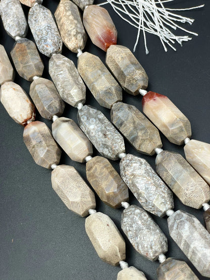AAA Natural fossil coral stone bead. Faceted 14x40mm barrel shape. Gorgeous natural color fossil coral gemstone. High quality beads !