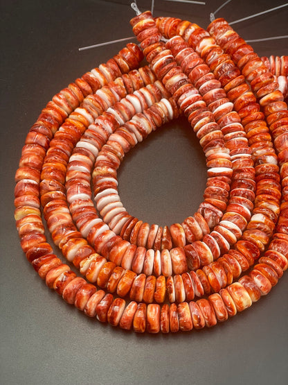 AAA Natural spiny oyster shell bead. 4x12mm Rondelle shape. Gorgeous natural red orange color spiny oyster shell bead. High quality bead !