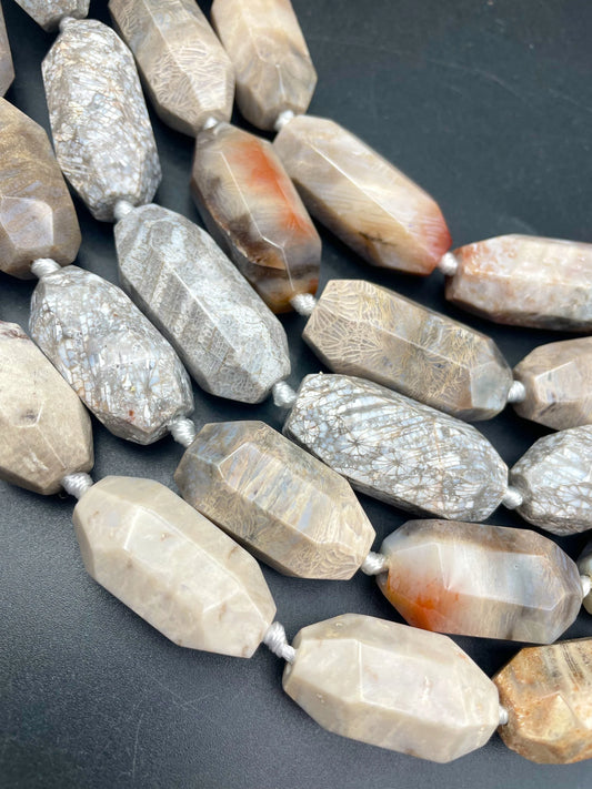 AAA Natural fossil coral stone bead. Faceted 14x40mm barrel shape. Gorgeous natural color fossil coral gemstone. High quality beads !
