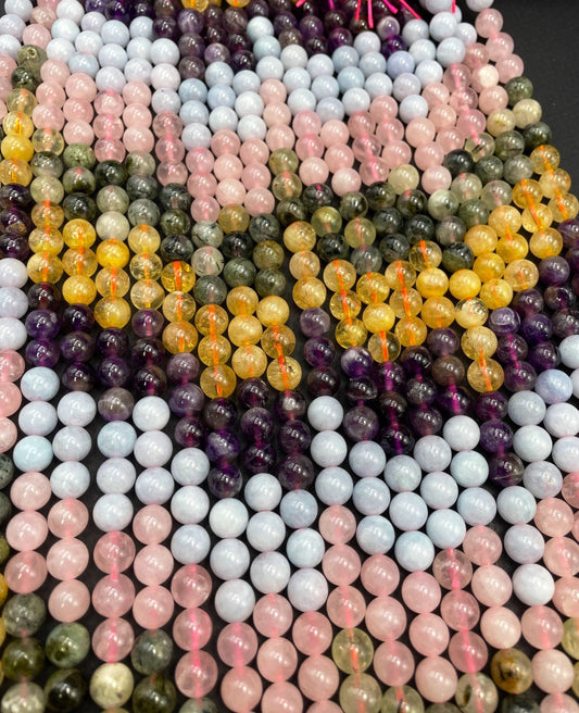AAA Natural Multi Gemstone Bead. 6mm 8mm 10mm Round Bead. Beautiful Natural Citrine. Amethyst. Aquamarine. Prehnite. Rose quartz. High Quality