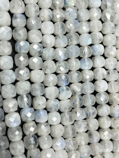 AA natural  moonstone bead . Faceted 5mm cube shape bead. Beautiful natural white moonstone with blue flash on . High quality gemstone bead