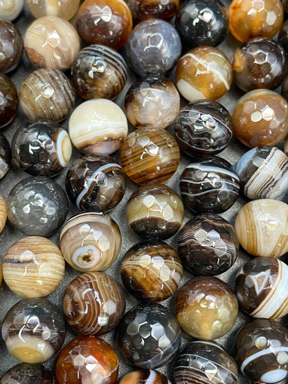 AAA Natural Botswana Agate Stone Bead. Faceted 6mm 8mm 10mm 12mm Round Bead. Beautiful Brown Color Botswana Gemstone Bead. Full Strand 15.5”