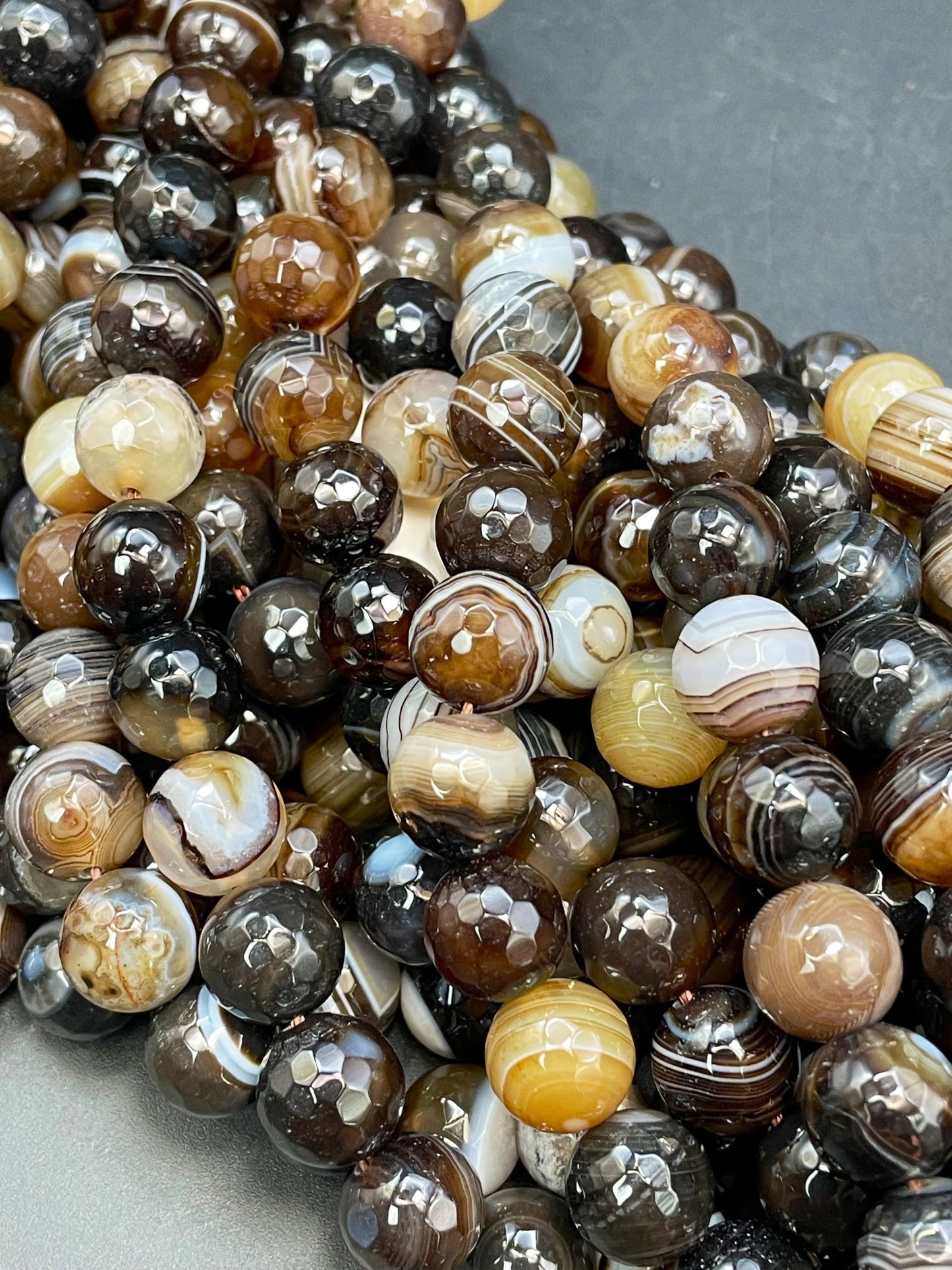 AAA Natural Botswana Agate Stone Bead. Faceted 6mm 8mm 10mm 12mm Round Bead. Beautiful Brown Color Botswana Gemstone Bead. Full Strand 15.5”