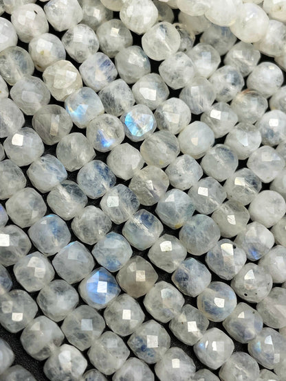 AA natural  moonstone bead . Faceted 5mm cube shape bead. Beautiful natural white moonstone with blue flash on . High quality gemstone bead
