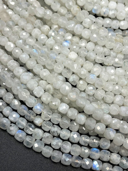 AA natural  moonstone bead . Faceted 5mm cube shape bead. Beautiful natural white moonstone with blue flash on . High quality gemstone bead