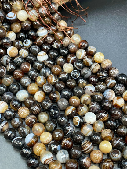 AAA Natural Botswana Agate Stone Bead. Faceted 6mm 8mm 10mm 12mm Round Bead. Beautiful Brown Color Botswana Gemstone Bead. Full Strand 15.5”