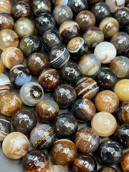 AAA Natural Botswana Agate Stone Bead. Faceted 6mm 8mm 10mm 12mm Round Bead. Beautiful Brown Color Botswana Gemstone Bead. Full Strand 15.5”