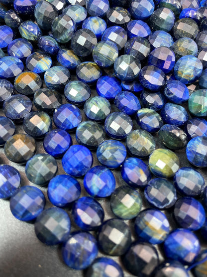 AAA Natural blue tiger eye gemstone bead. Faceted 10mm coin shape bead. Gorgeous royal blue color tiger eye bead. High quality gemstone bead