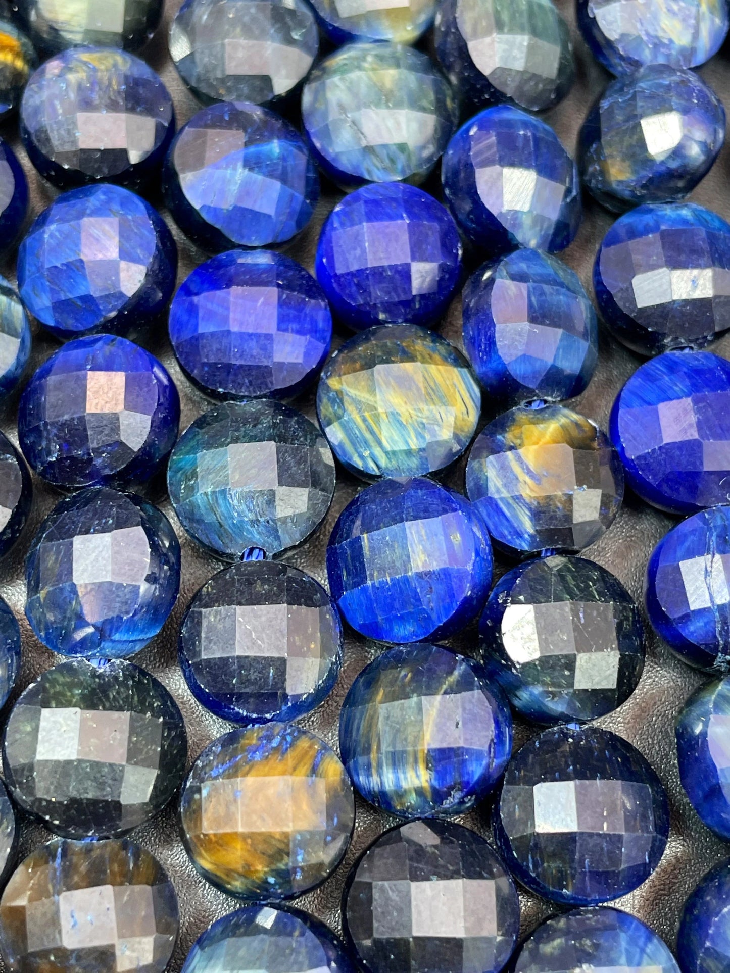 AAA Natural blue tiger eye gemstone bead. Faceted 10mm coin shape bead. Gorgeous royal blue color tiger eye bead. High quality gemstone bead