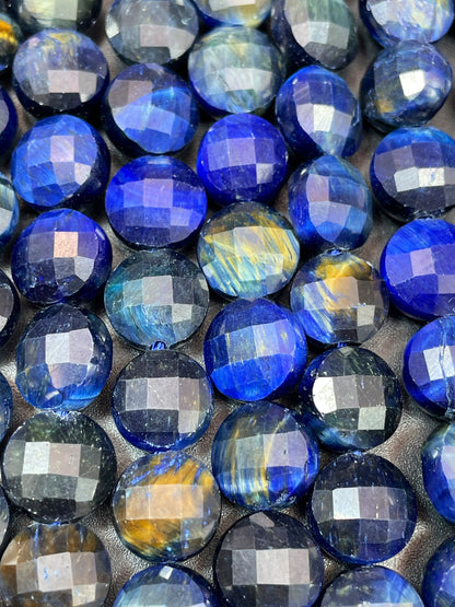 AAA Natural blue tiger eye gemstone bead. Faceted 10mm coin shape bead. Gorgeous royal blue color tiger eye bead. High quality gemstone bead