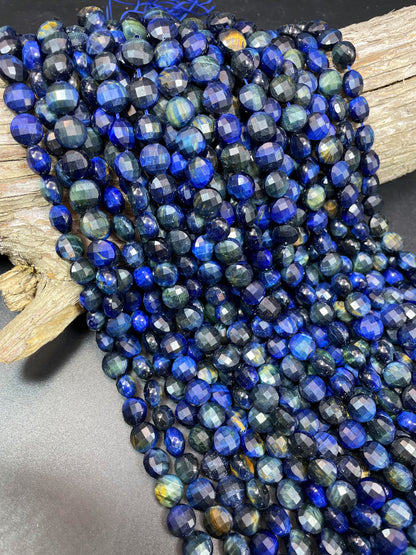 AAA Natural blue tiger eye gemstone bead. Faceted 10mm coin shape bead. Gorgeous royal blue color tiger eye bead. High quality gemstone bead