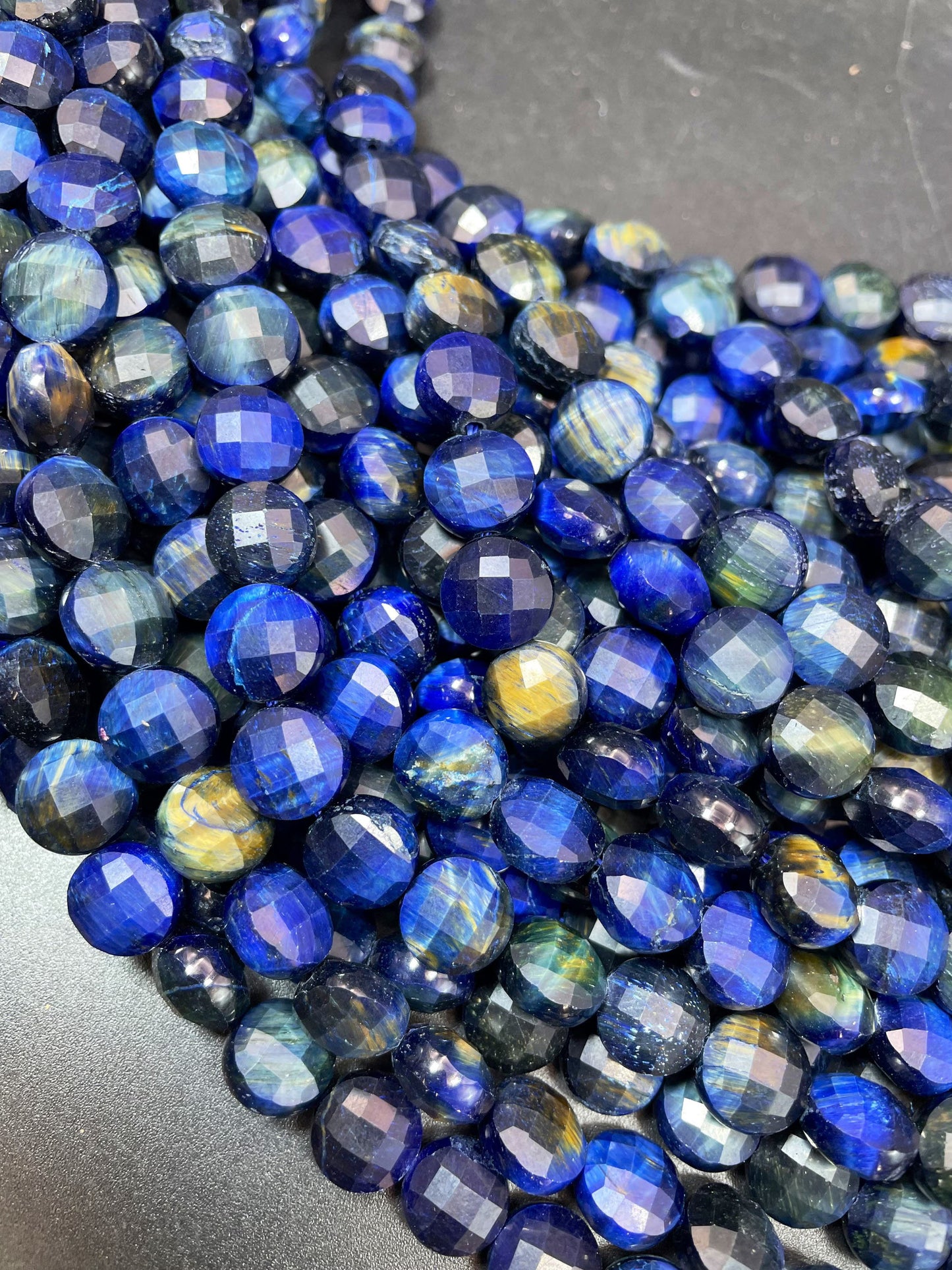 AAA Natural blue tiger eye gemstone bead. Faceted 10mm coin shape bead. Gorgeous royal blue color tiger eye bead. High quality gemstone bead