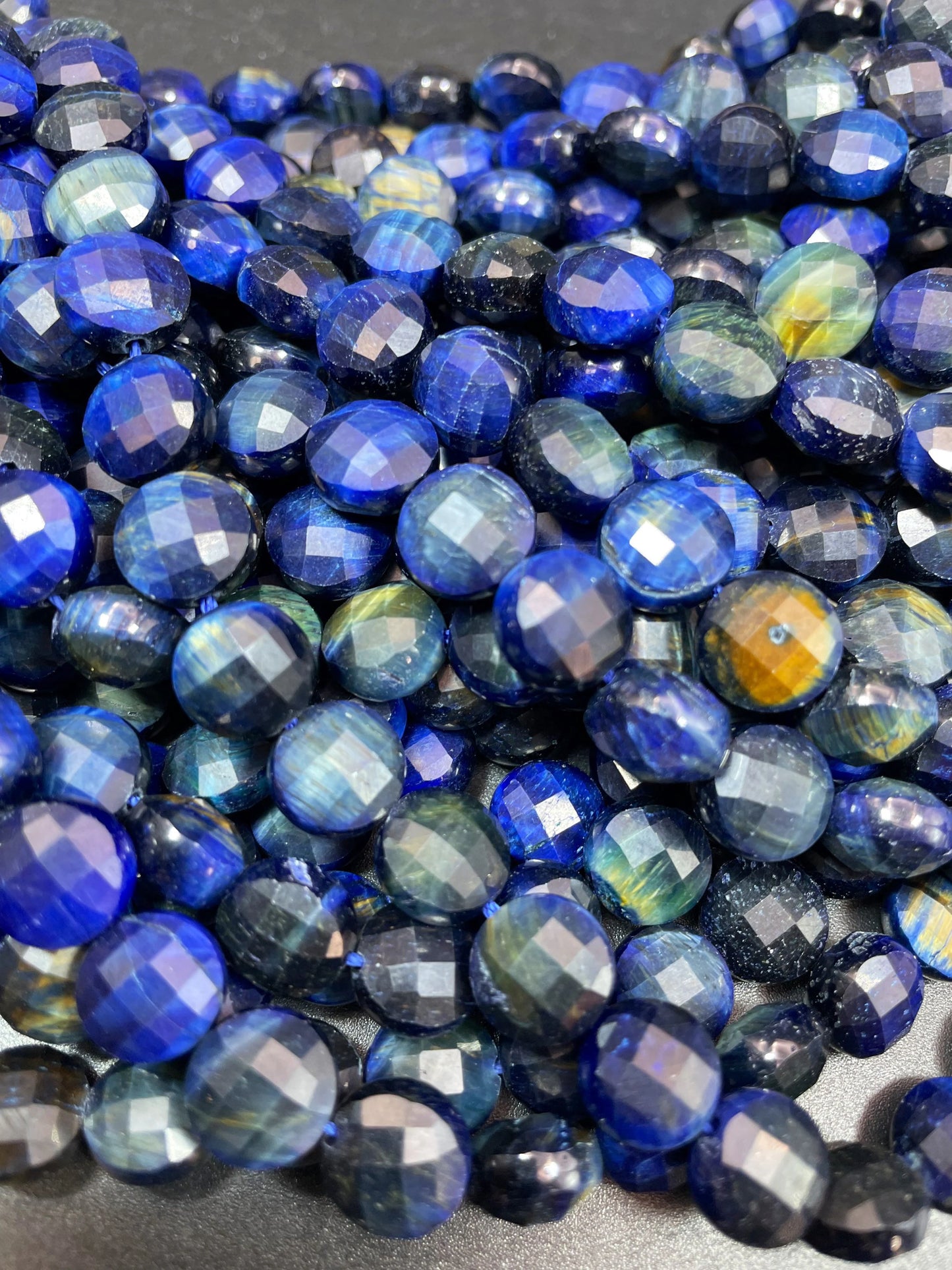 AAA Natural blue tiger eye gemstone bead. Faceted 10mm coin shape bead. Gorgeous royal blue color tiger eye bead. High quality gemstone bead