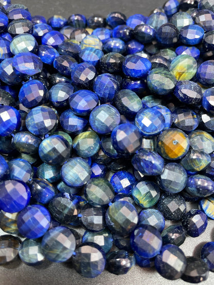 AAA Natural blue tiger eye gemstone bead. Faceted 10mm coin shape bead. Gorgeous royal blue color tiger eye bead. High quality gemstone bead