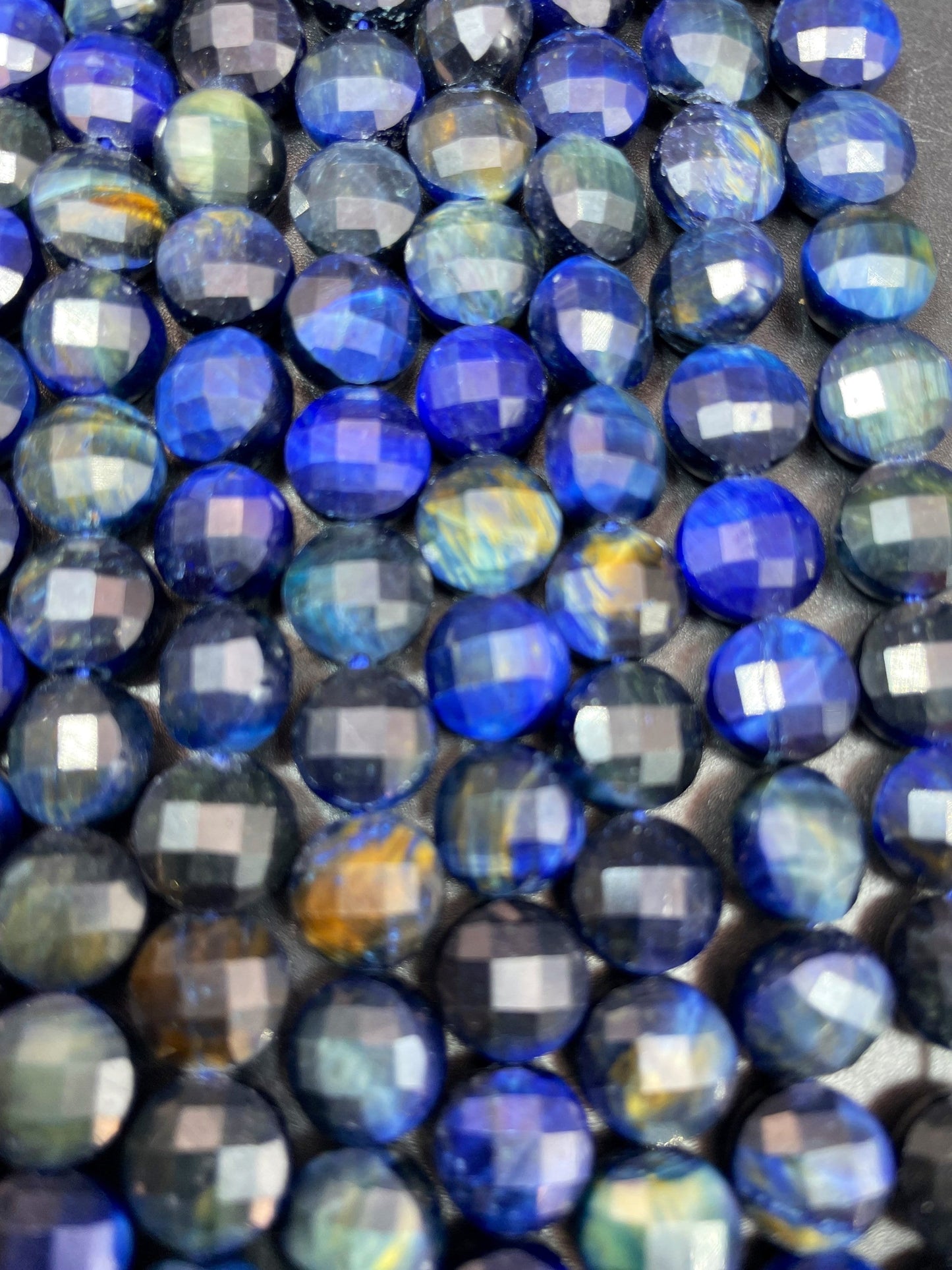 AAA Natural blue tiger eye gemstone bead. Faceted 10mm coin shape bead. Gorgeous royal blue color tiger eye bead. High quality gemstone bead