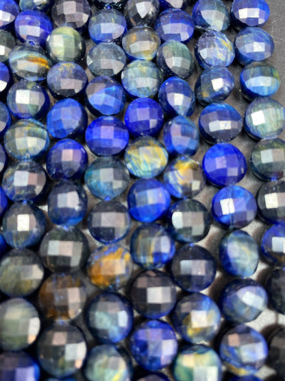 AAA Natural blue tiger eye gemstone bead. Faceted 10mm coin shape bead. Gorgeous royal blue color tiger eye bead. High quality gemstone bead