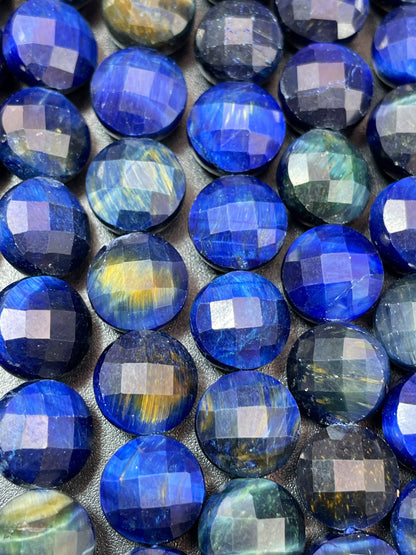 AAA Natural blue tiger eye gemstone bead. Faceted 10mm coin shape bead. Gorgeous royal blue color tiger eye bead. High quality gemstone bead