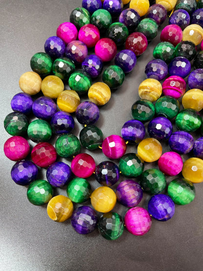 Beautiful Natural multi color tiger eye gemstone bead. Faceted 6mm 8mm 10mm 12mm 14mm round bead. Gorgeous multi tiger eye gemstone.