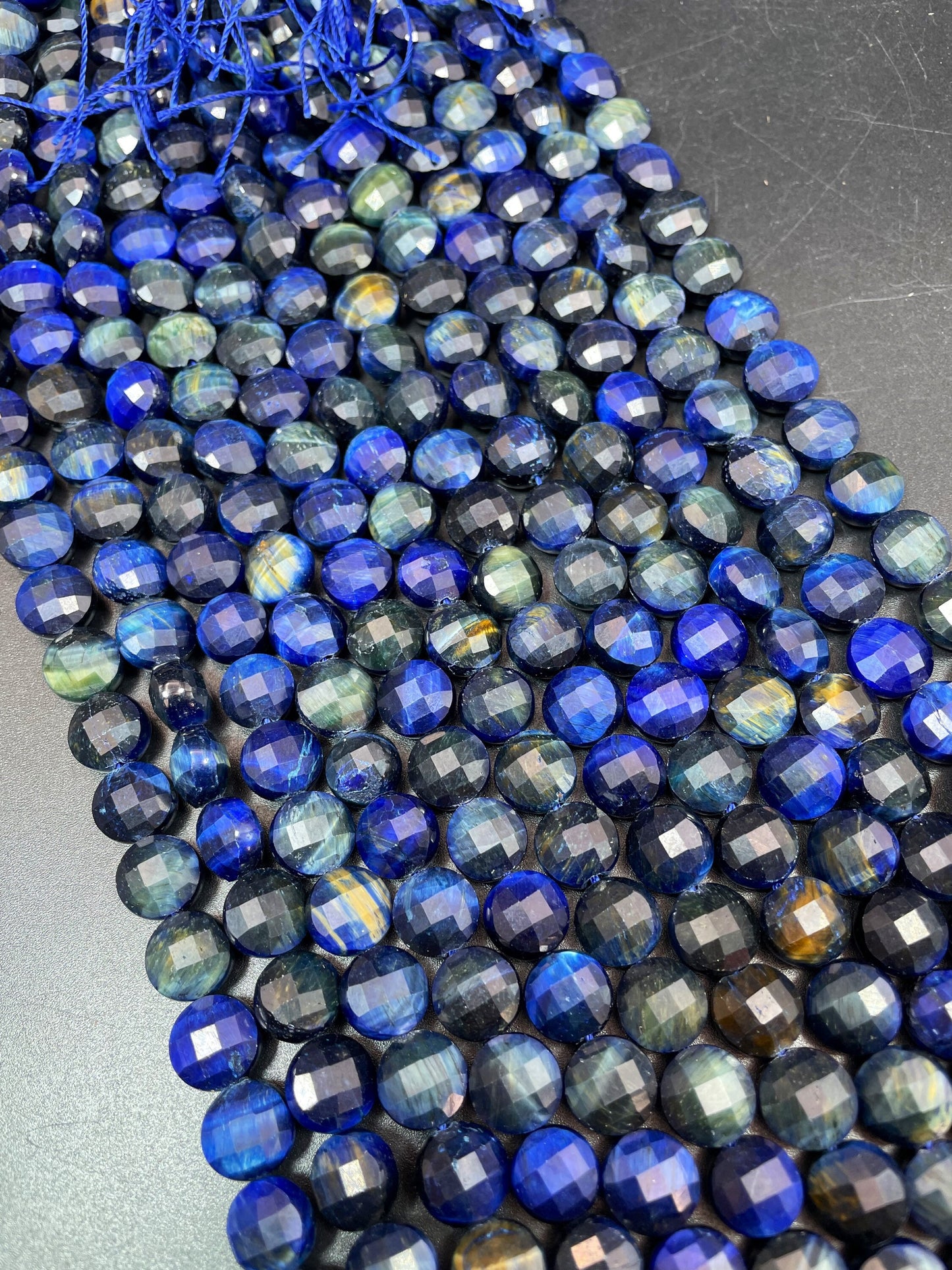 AAA Natural blue tiger eye gemstone bead. Faceted 10mm coin shape bead. Gorgeous royal blue color tiger eye bead. High quality gemstone bead