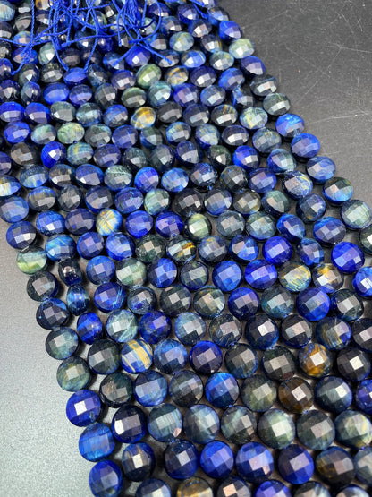 AAA Natural blue tiger eye gemstone bead. Faceted 10mm coin shape bead. Gorgeous royal blue color tiger eye bead. High quality gemstone bead