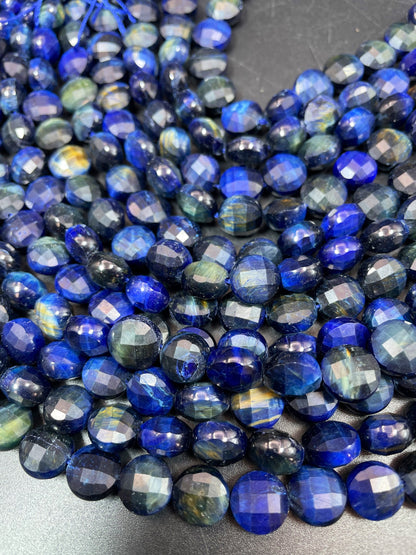 AAA Natural blue tiger eye gemstone bead. Faceted 10mm coin shape bead. Gorgeous royal blue color tiger eye bead. High quality gemstone bead
