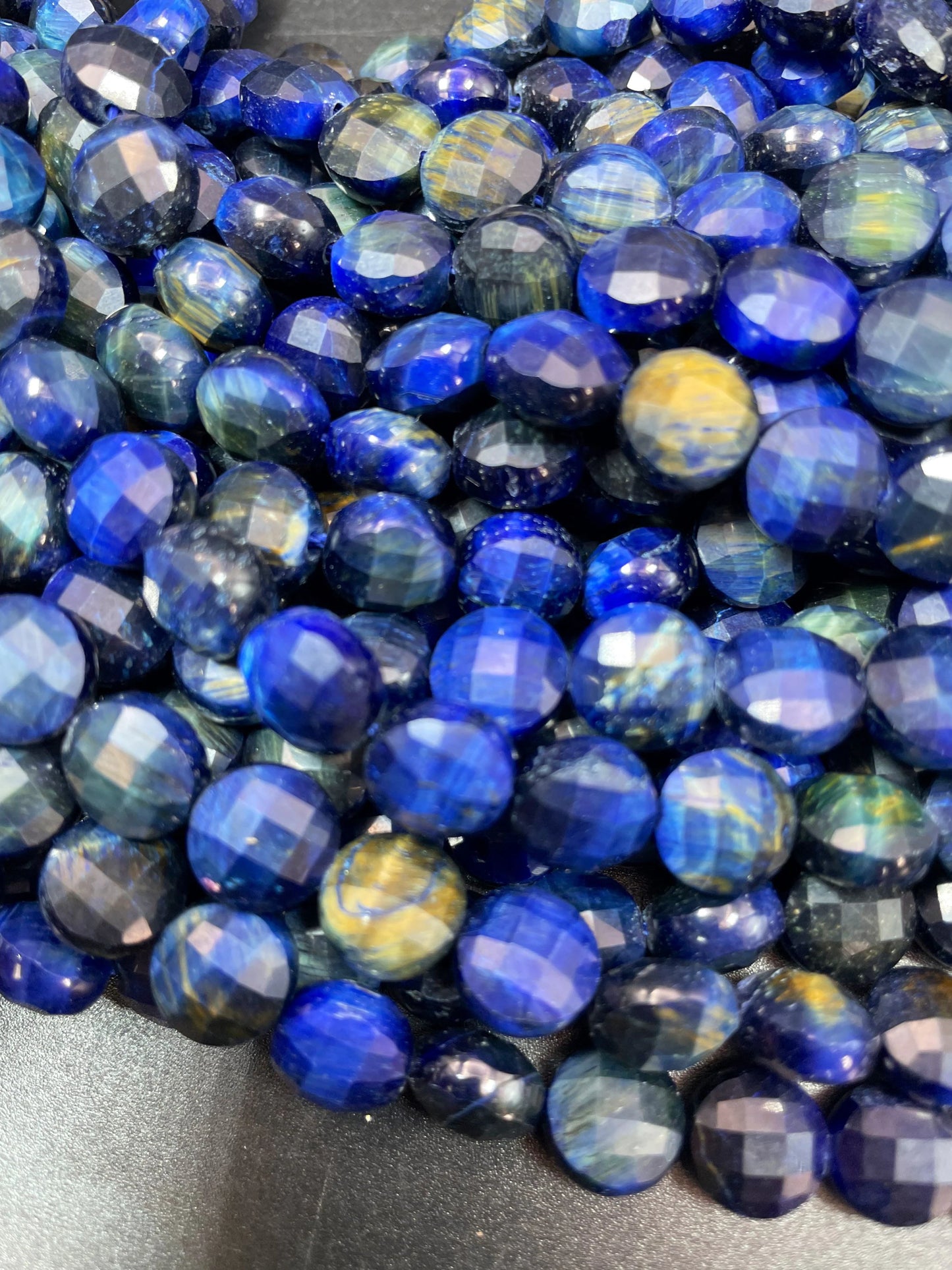 AAA Natural blue tiger eye gemstone bead. Faceted 10mm coin shape bead. Gorgeous royal blue color tiger eye bead. High quality gemstone bead