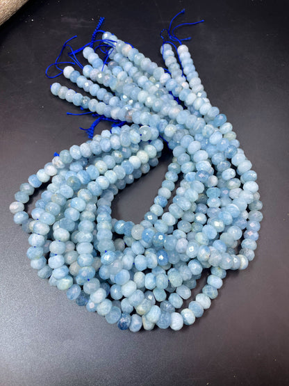 Natural blue Aquamarine stone bead. Faceted 4x6mm 6x8mm 7x9mm Rondelle Shape . Gorgeous natural sea blue Aquamarine gemstone. High quality